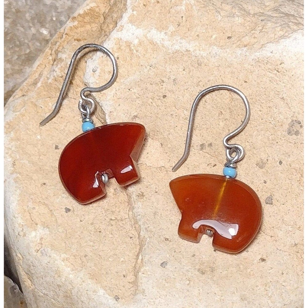 Fetish Bear Carnelian Stone Sterling Silver Dangle Earrings Vintage - Picture 5 of 12